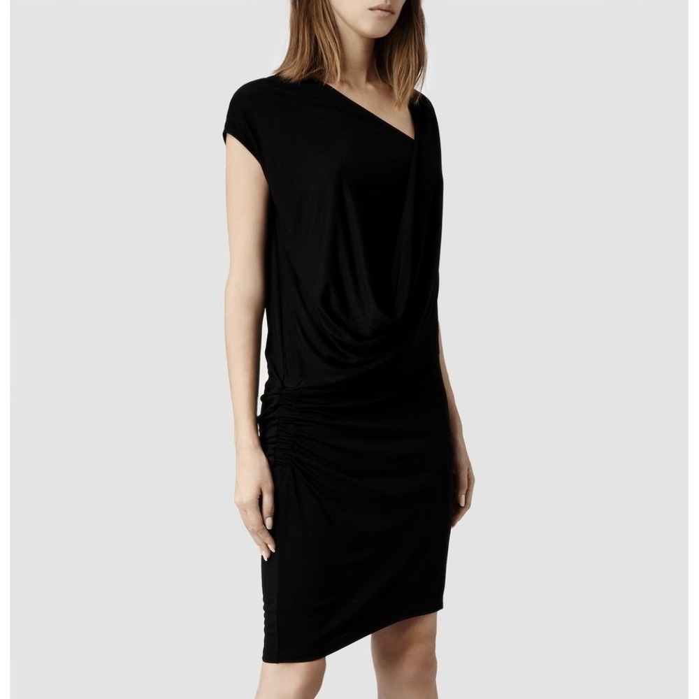 AllSaints Isa Ci Dress Black Ruched Draped Asymmetrical Midi Sheath Size US 4